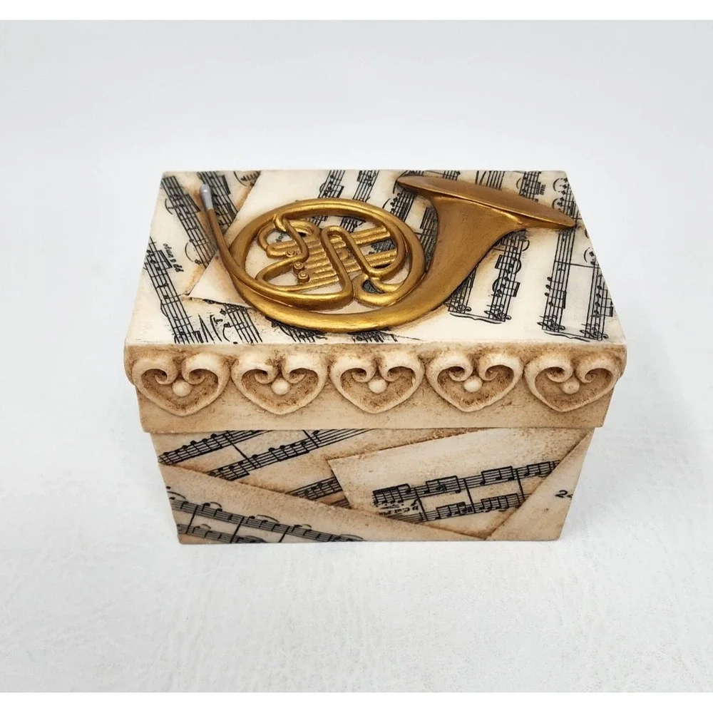 2004 Roman Inc. Trinket Jewelry Music Box French Horn Music Notes Theme 4.75x3